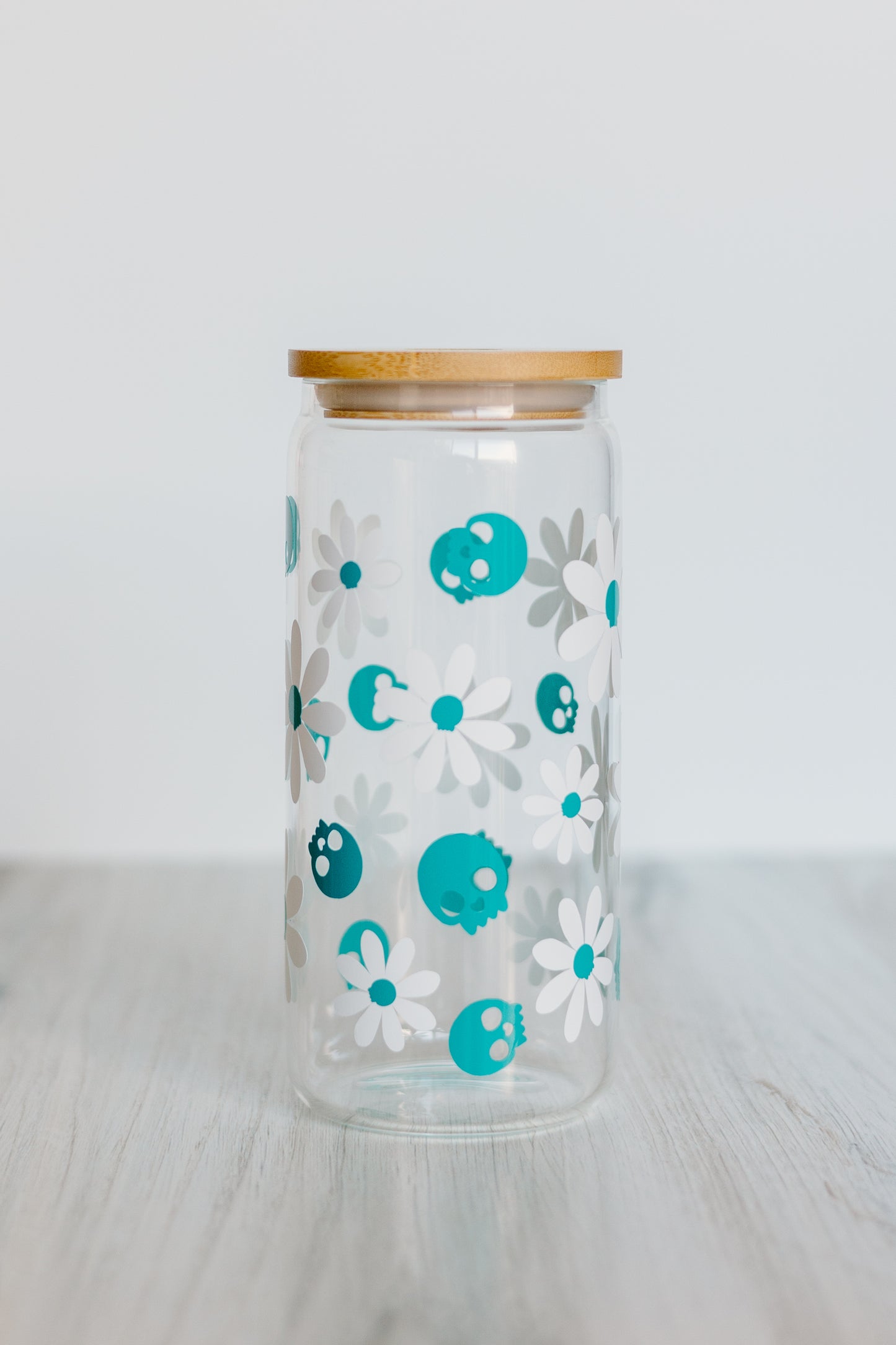 Teal Skull and Flowers Glass Cup