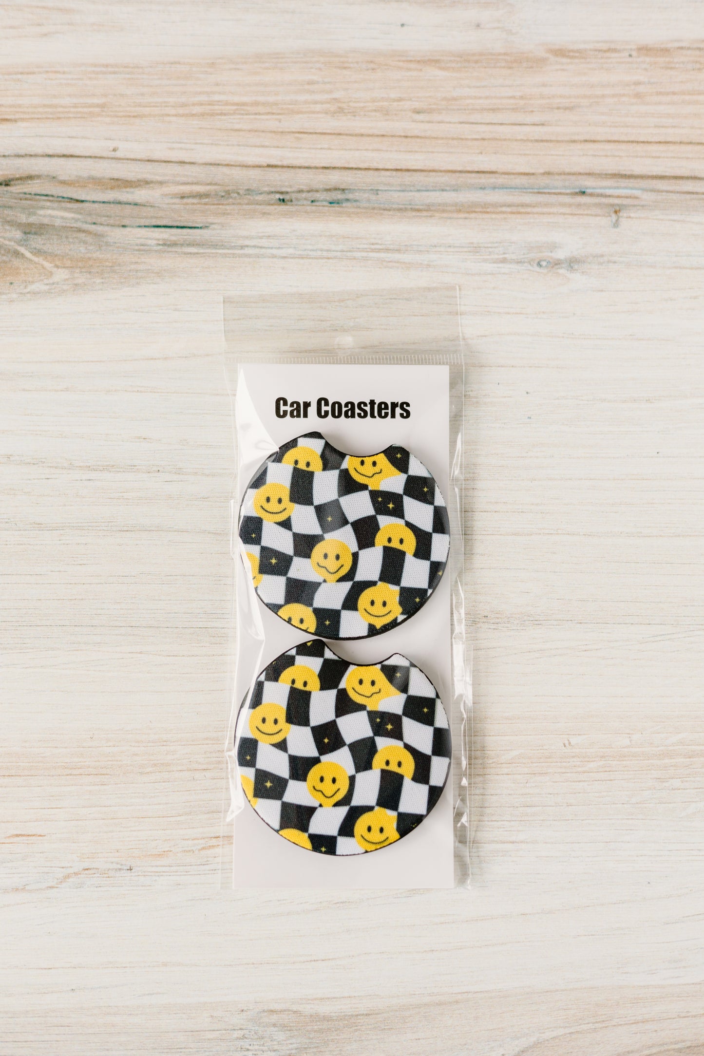 Checkered Smiley Face Car Coaster