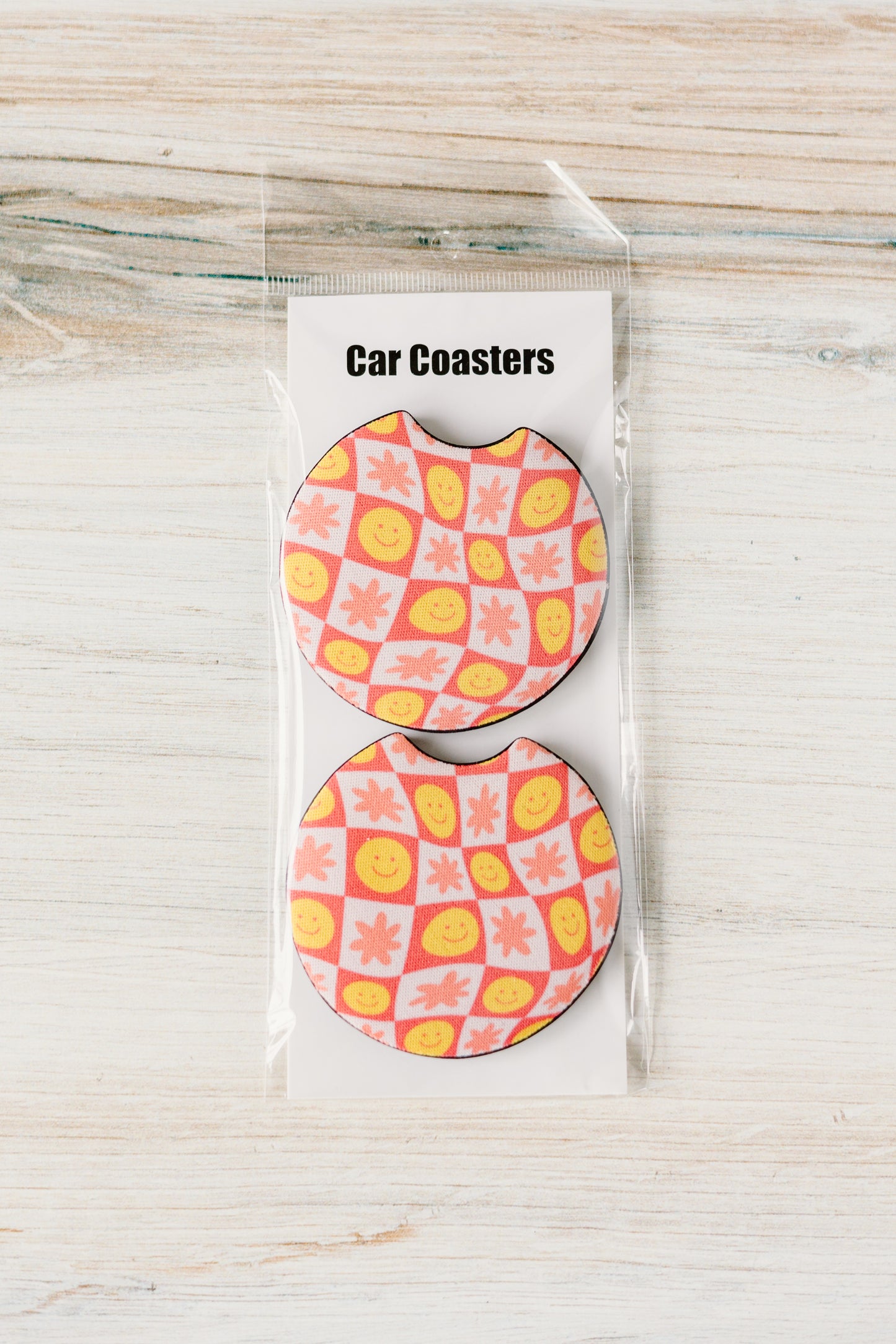 Pink Groovy Smiley Face Car Coasters