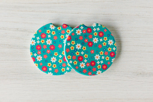 Teal with Flowers Ceramic Car Coasters